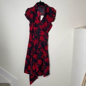Moda International NWT Floral 100% Silk Wrap Dress Size 10 Black & Red Witchy